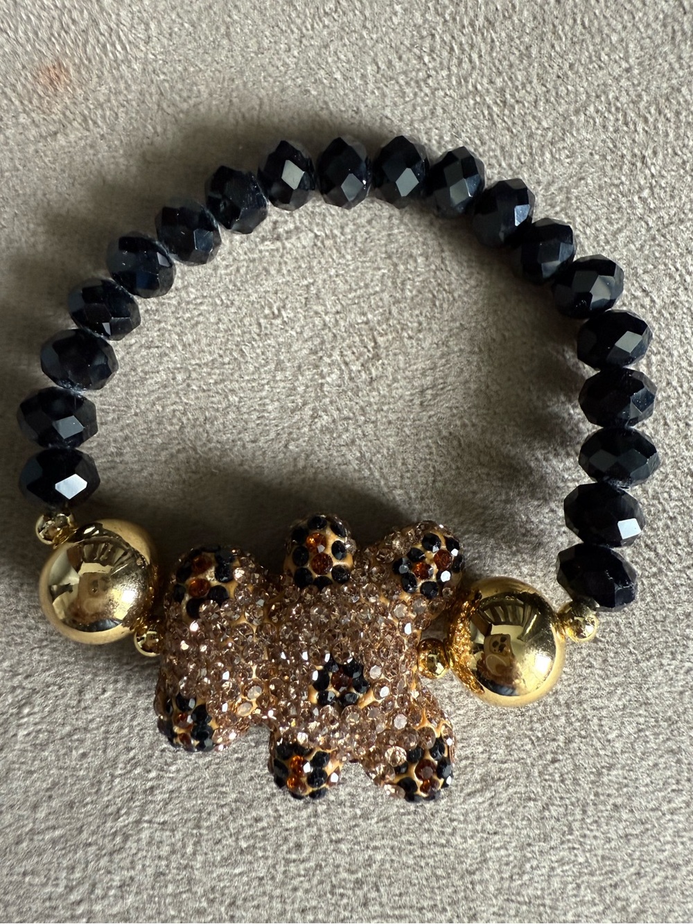 Crystal Teddy Bear Stretch Bracelet with Black Faceted Beads